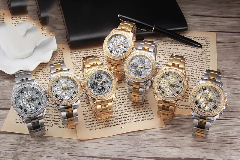 40mm Women Dress Watch Rhinestone Decorated Stainless Steel Timepiece Women Silver Dial Imported-china Girls Gold Watch