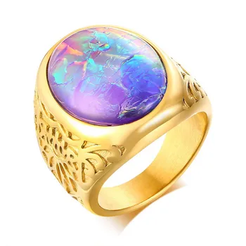 Titanium Steel Unique Custom Design Casting Blue Opal Stone Jewelry Ring Engraved Golden Sapphire Rings For Men