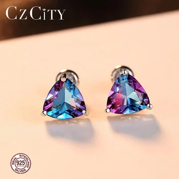 CZCITY Rainbow Triangle Shape Topaz Stud Earrings Real 925 Sterling Silver Fashion Jewelry for Women Engagement Earring