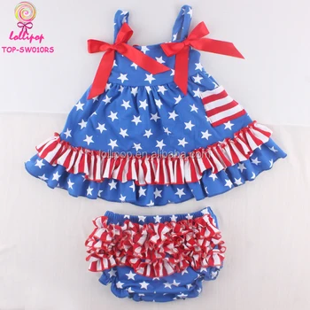 Red White Stripes & Blue Star Patriotic Ruffle Outfit 4th of July Kids Clothing Wholesale Boutique Girls Swing Top Bloomer Set