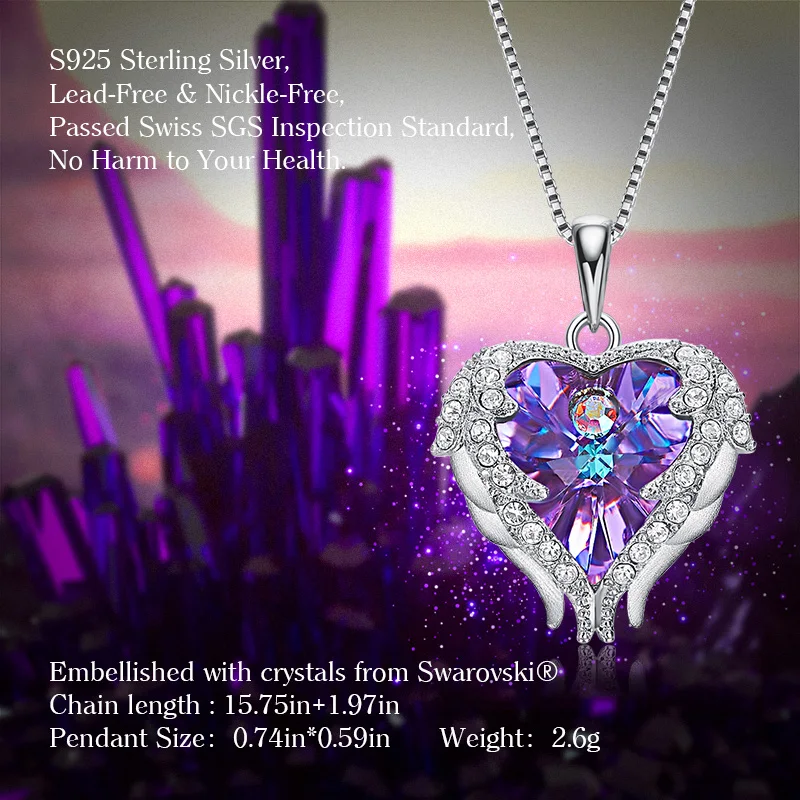 CDE YP1440 Customized Jewelry 925 Sterling Silver Pendant Necklace Heart-Shaped Crystal Rhodium Plated Angel Heart Necklace