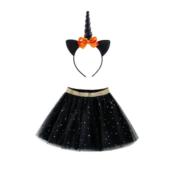 Halloween Party Kids Baby Tutu Skirt Dress + Unicorn Horn Headband Set Birthday Party Outfits Black Skirts For Girls