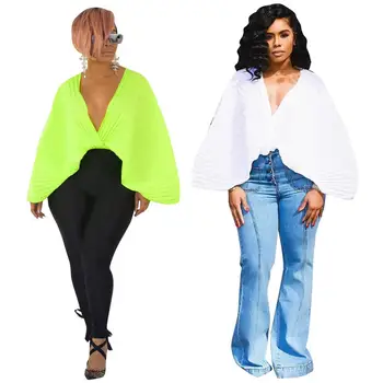 M7074 White Crop Wrap Belted Pleated Bell Sleeve Plain Slim Fit Blouse Women 2019 Spring V Neck Flounce Sleeve Top Blouses