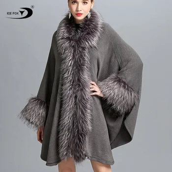 Europe and the United States New Faux Raccoon Fur Collar Bat Sleeve Ladies Cape Shawl Faux Fur Coat