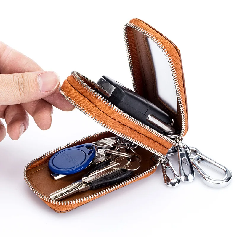 New Genuine Leather Couple Car Key Case Bag Zippered Key Wallet Black Brown Red 