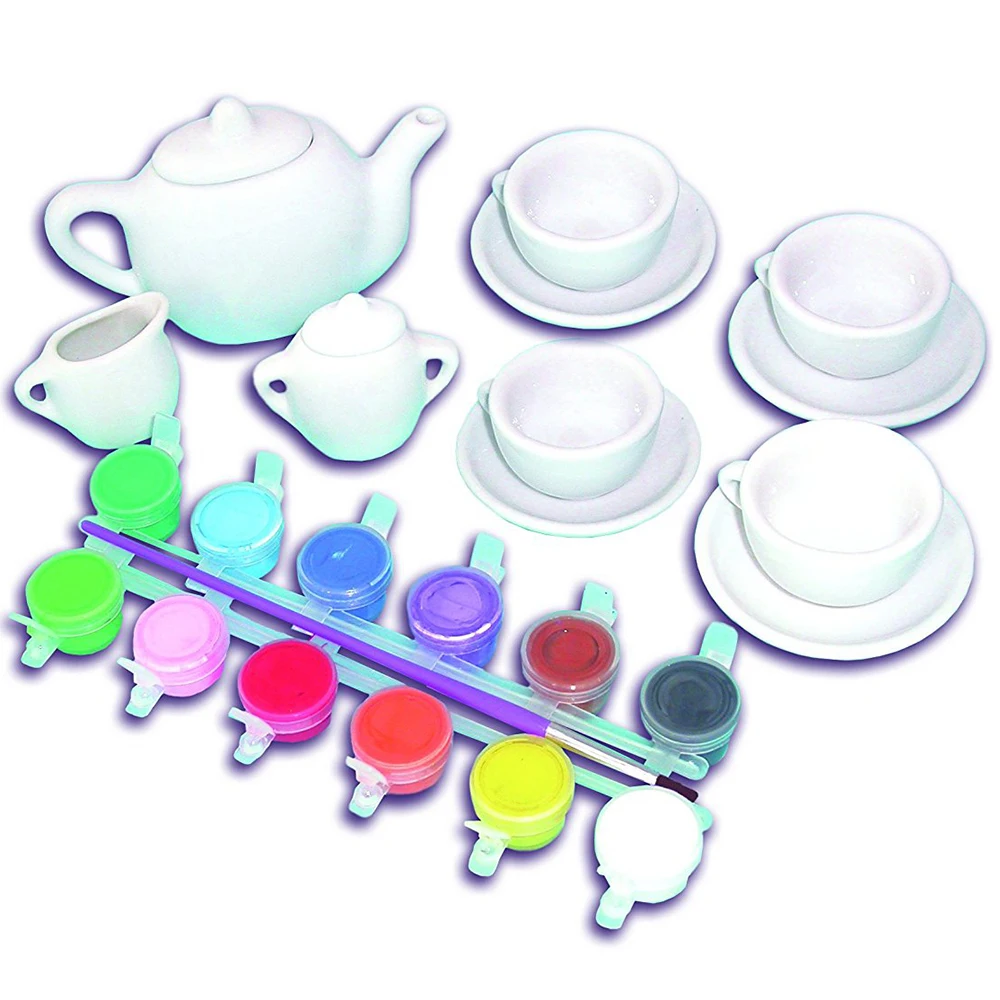 Ceramic Painting Kit for Kids with 1 Teapot 1 Pigment and 1 Brush 4 Saucers 1 Sugar Jar Arts and Crafts for Kids Ages 4-8 1 Milk Jug DIY Painting Tea Set 4 Tea Cups 