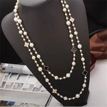 Sweater chain long paragraph autumn and winter wild rose gold plating four-leaf clover double pearl necklace female