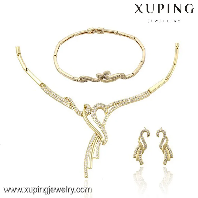 63378 xuping 14k Gold Plated Statement Chain Necklace and Earrings Womens Wedding Zircon Crystal Clover Jewelry Set