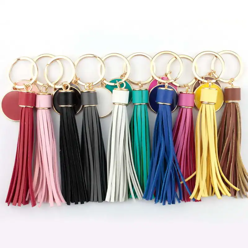 Monogrammed Round Disc Blank Leather Tassel Keychain Personalized Accessories