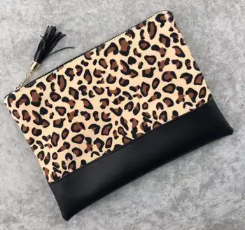 Personalized monogram leopard printing cosmetic bag tassel pouch