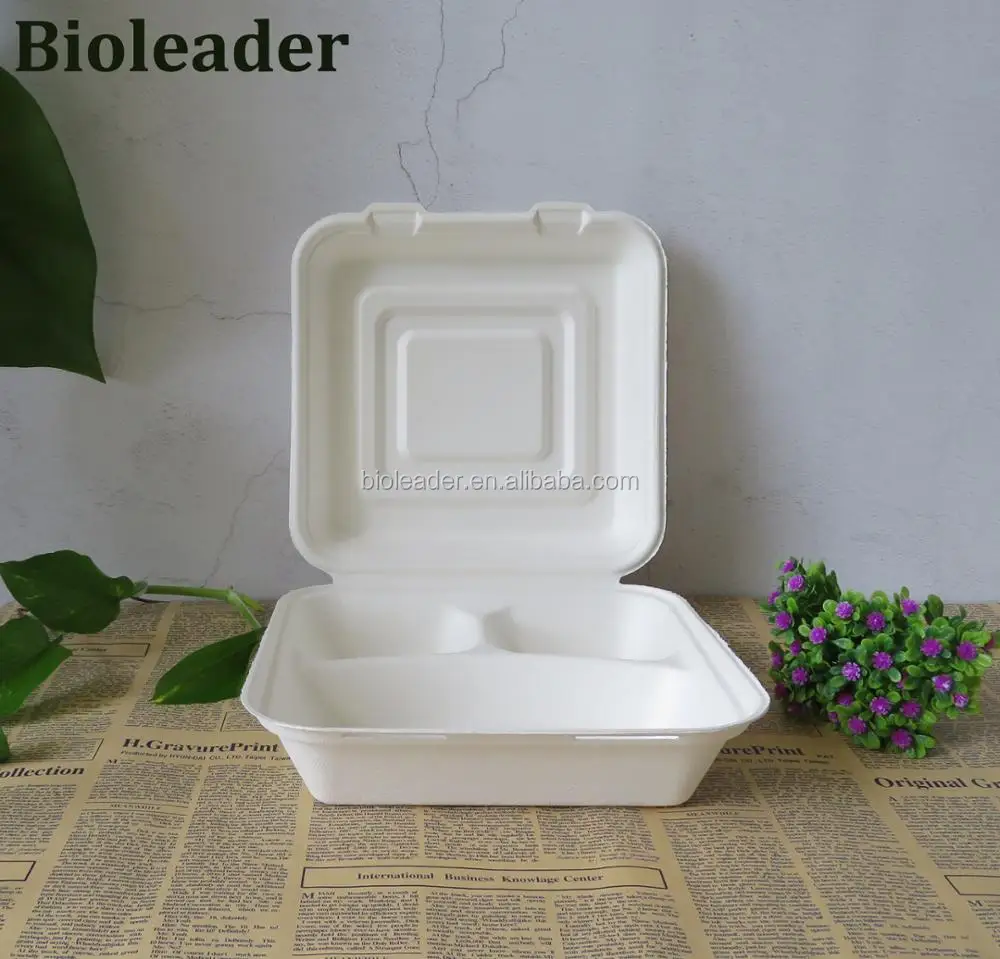 Disposable Biodegradable Sugarcane Bagasse 3 Compartment Bento Lunch