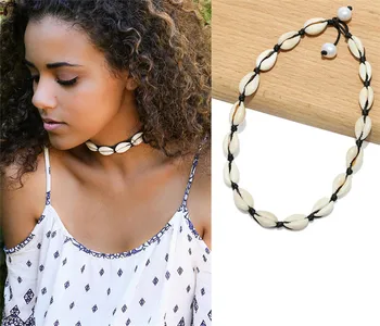 Valentines Day Summer Beach Women Men Gold Silver Cowrie Seashell Braided Black Rope Shell Collar Collier Bracelet Choker Necklace Jewelry