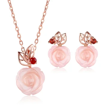 Elegant 18K Rose Gold Plated 925 Sterling Silver Jewelry Set Pink Rose Quartz Necklace and Earring Set for Girls V033-2
