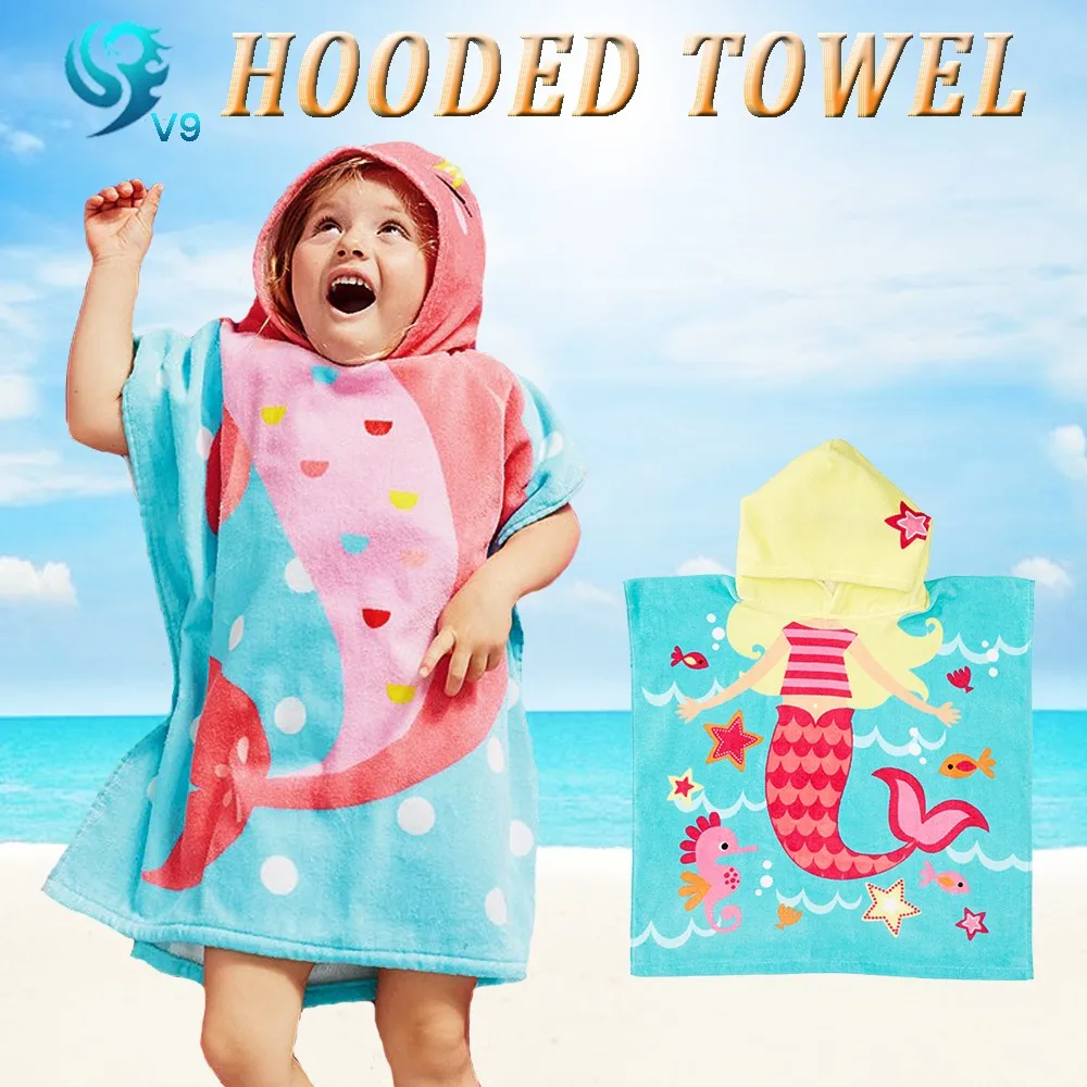 factory wholesale 100% cotton velour printed girls mermaids princess beach towel poncho