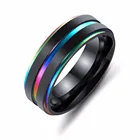 Ring 6mm Black With Rainbow Edge Mens Wedding Band Ring Classic Simple Male Stainless Steel Jewelry Statement Alliance