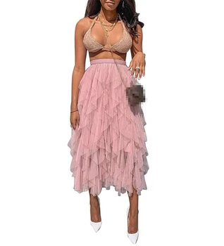 New design women summer high waist gypsy mesh ruffle maxi long tutu skirt