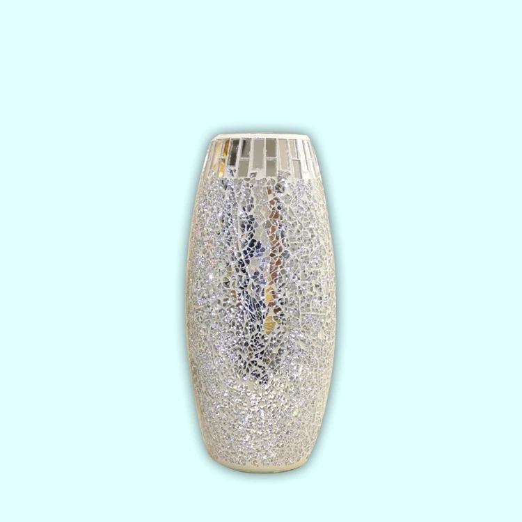 Dia H x 12cm Lucenté Crackle Glass Mosaic Vase 30cm Blue & Silver Finish 