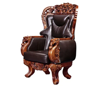 Asian brown cow leather four wooden legs dragon office chair luxury boss for chairman