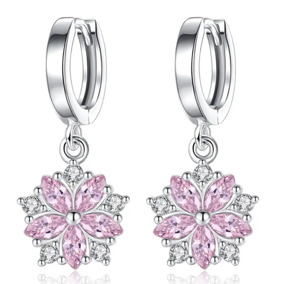 pink crystal zircon cherry blossom flower hoop earrings for