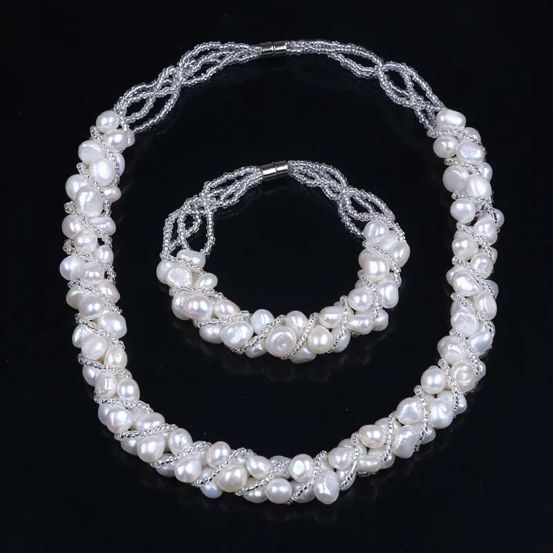Women Real Natural Freshwater Pearl Necklace Bracelet Earrings Jewelry Set 