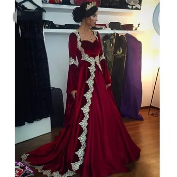 Arabic Dubai Long Sleeves Kaftan Evening Dresses Burgundy Velvet Vintage Muslim Prom Party Gowns