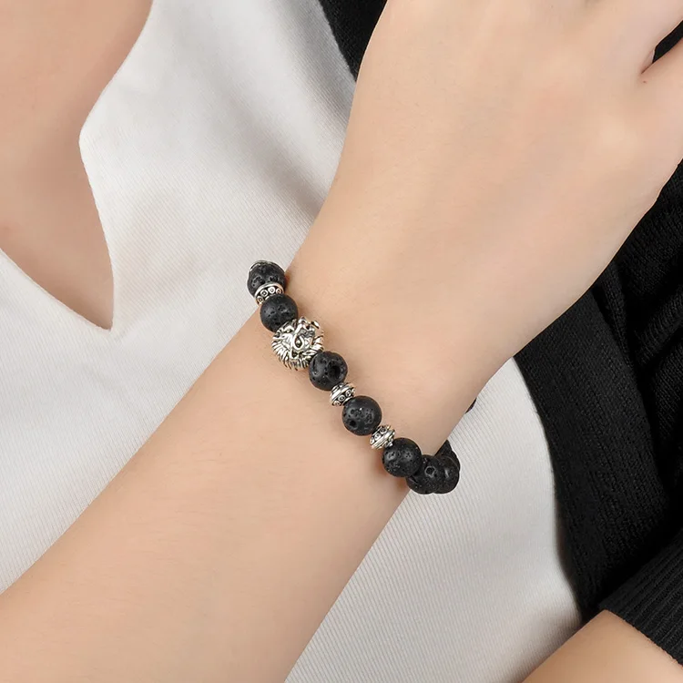 F109 beaded bracelet  Lion Head Connector Charm Beads Boy Jade Bangle Black Obsidian Usa Oil Diffuser Bracelet For Men