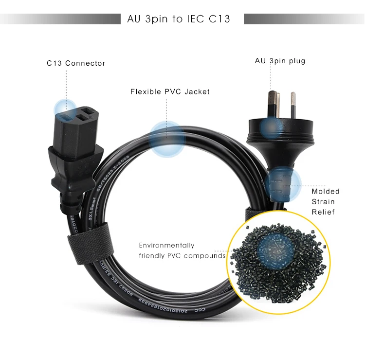 250v 10A H05vv-F Female Australian 3 Pin to IEC C13 plug Connector Saa Power Cord for kettle