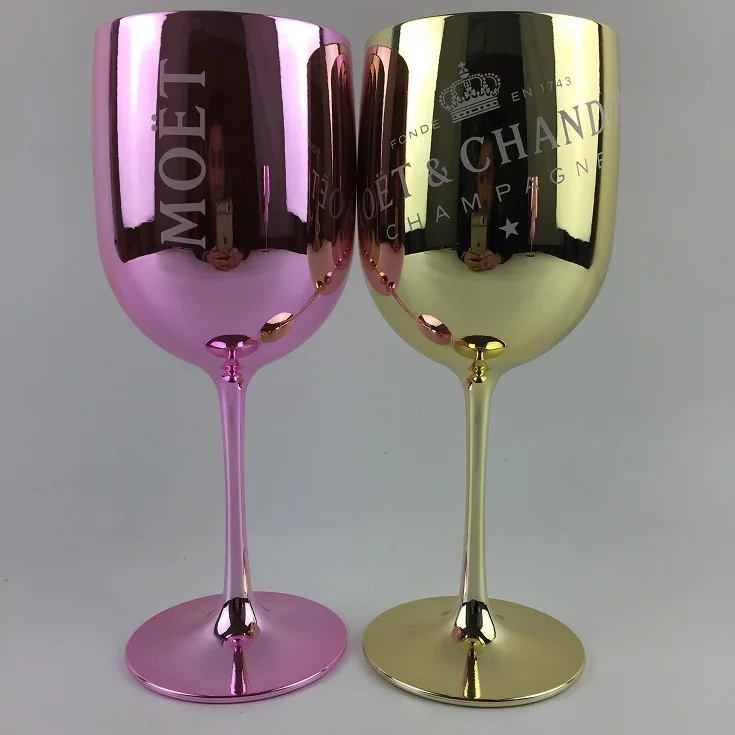Electroplated Gold Pink Color Branded Plastic Wine Goblets Glass 