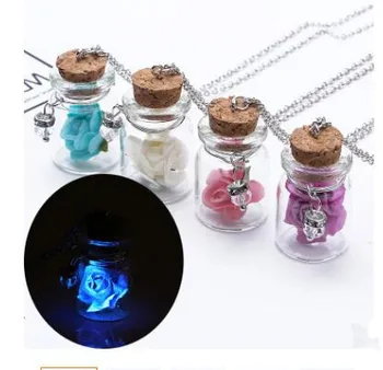 Vintage Luminous Glow In The Dark Rose Flower Pendant Necklace Fluorescent Glass Wish Bottle Chain Necklace