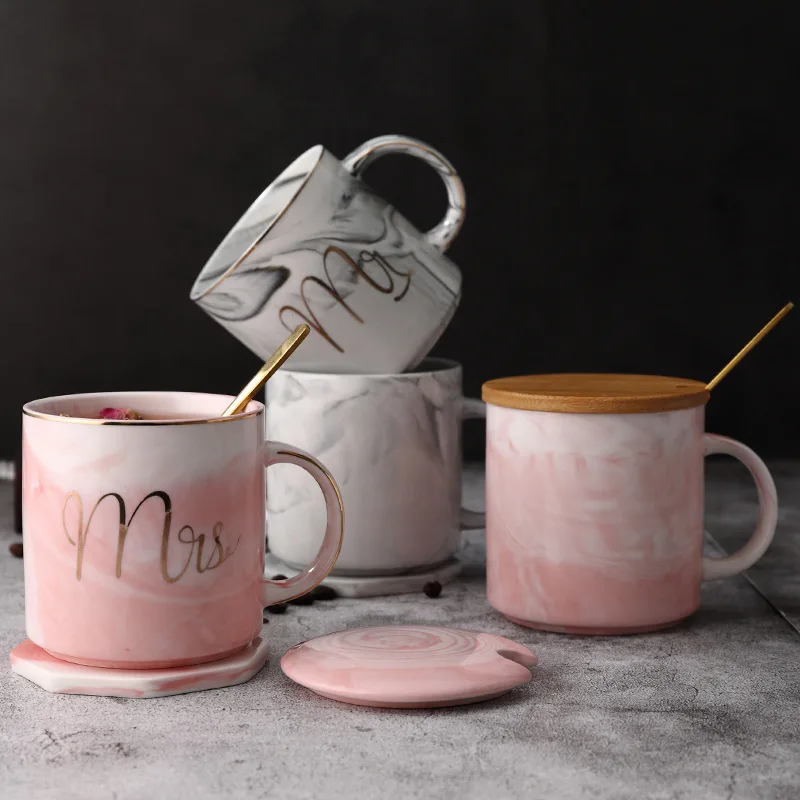 Mr and Mrs Couples Ceramic Coffee Mug Set Unique Wedding Gift For Bride and Groom with lids and coasters.