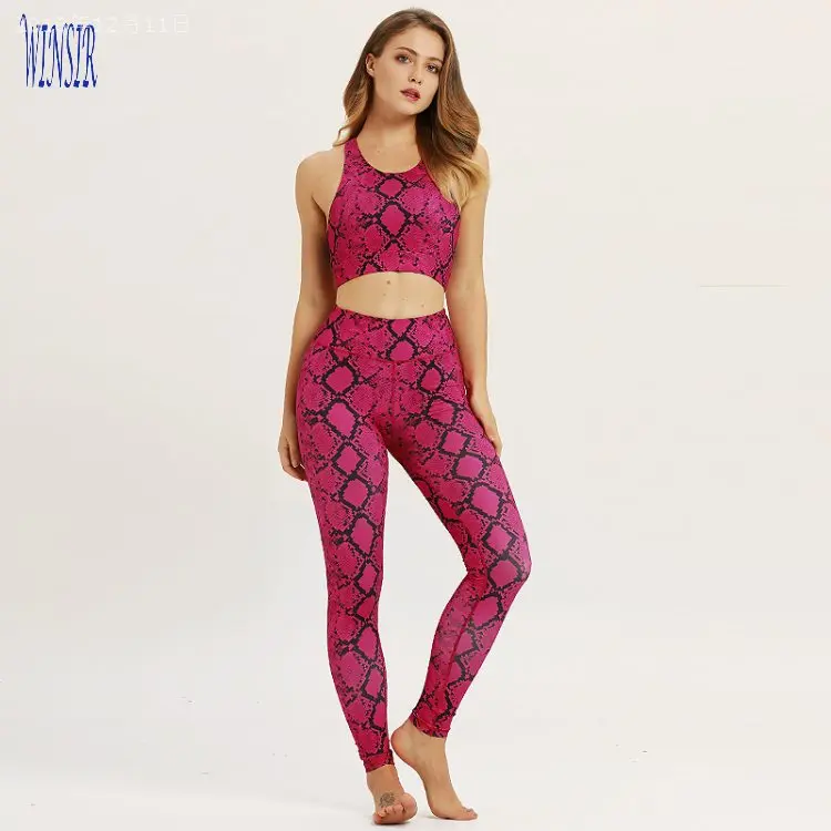 Women's Yoga Sport Suit Snake Print Bra & Pants Gym Fitness Leggings Workout Set 