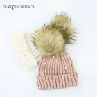 Pearl Faux Fur Pom Beanies Ladies Cute Pearl Faux Fur Pom Cuff Bright Color Beanies