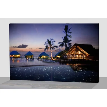 BES Modern SCENERY Seaside Night Peaceful Time Optic Fibers Canvas Wall Art Painting Lighted Art Framed Led Wall Art Picture