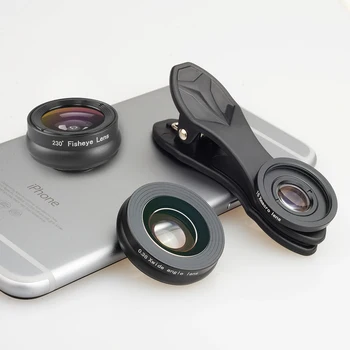 Hot selling APEXEL 3 in 1 lens kit 230 degree whole circle fisheye lens super wide angle macro lens set APL-SJ3