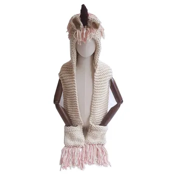Wholesale 2018 hot sale children unicorn hooded scarf high quality 7colors crochet winter warm tassel kids unicorn scarf