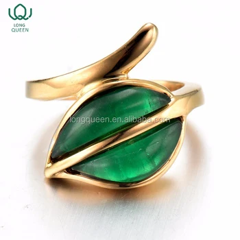 Vintage 316 stainless steel jewelry gold plated woman ring Green gemstone ring leaf shaped fashion ring