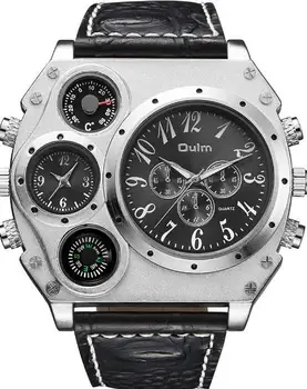 OULM 1349 Dual Time Men Big Compass Leather Strap Quartz Watch Relogio Masculino