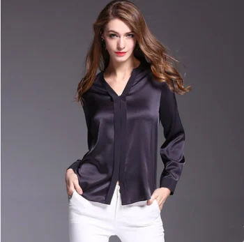 New fashion ladies V-neck black Long sleeve real silk blouse