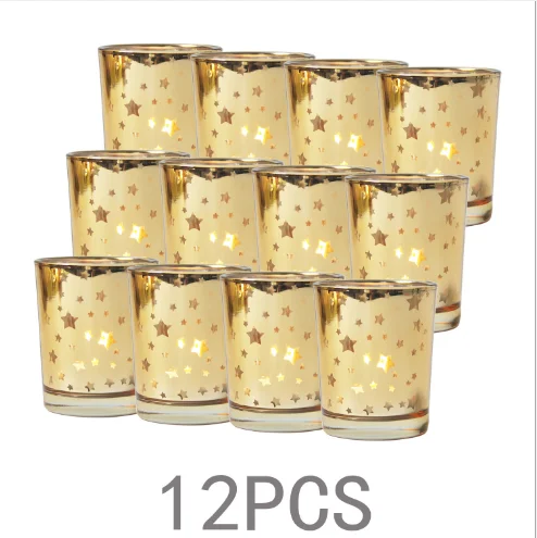 High quality beautiful electroplated gold round candle holder tea light glass candle jar for Christmas