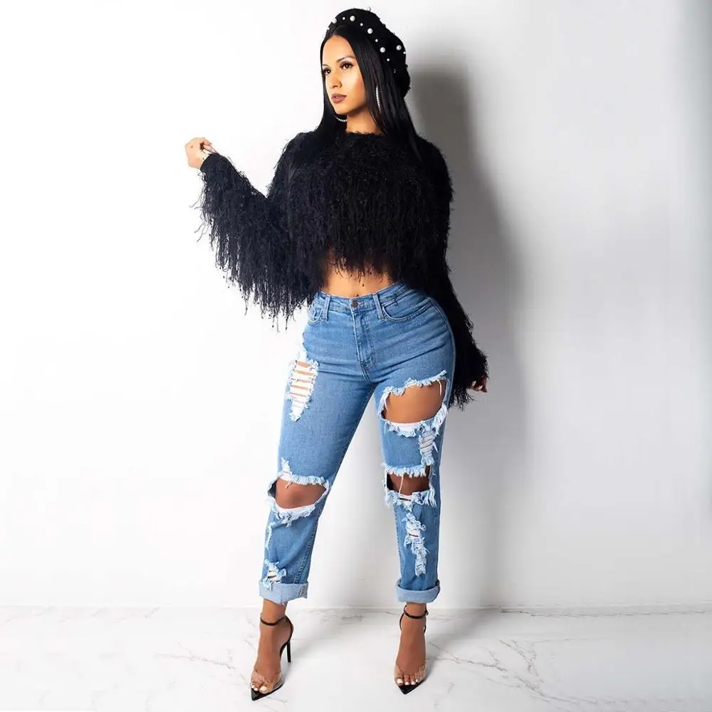 Women Fringe Pullover Crop Top Sweater 