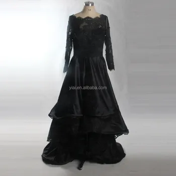 LZF048 Elegant Black Lace Evening Dresses Satin Ball Gown Short Front Long Back Evening Gown