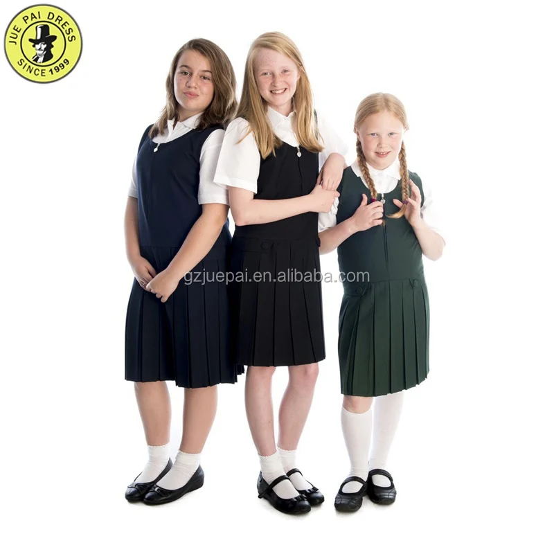 Girls Kids Pleated Pinafore Dress School Uniform Black Grey Navy Green All Sizes 