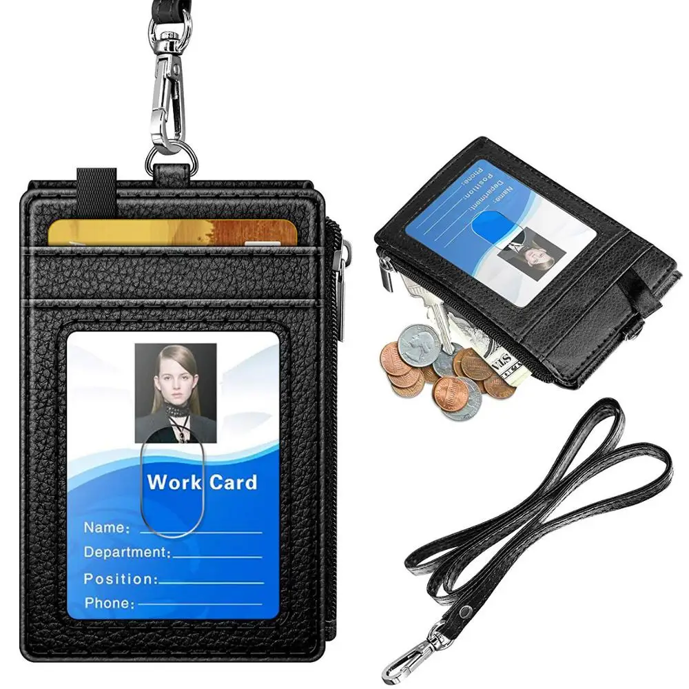 New Leather Neck Strap ID Badge Card Holder Pouch Wallet Black Coin Holder 