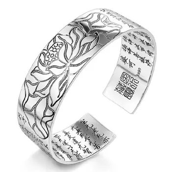 925 Sterling Silver Jewelry Chinese Design Silver Lotus Tibetan Buddhist Scriptures Bracelet Open Wide Bracelet
