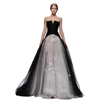 #613 Strapless Long Appliques Black and White Strapless A-Line Backless Ball Gown Prom Dress Evening Dress Party Dress