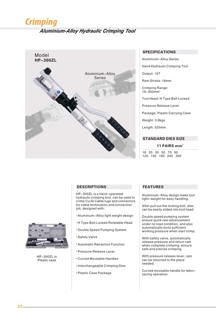 HP-300ZL Hydraulic crimper tool 16-300mm2 Cable Lugs