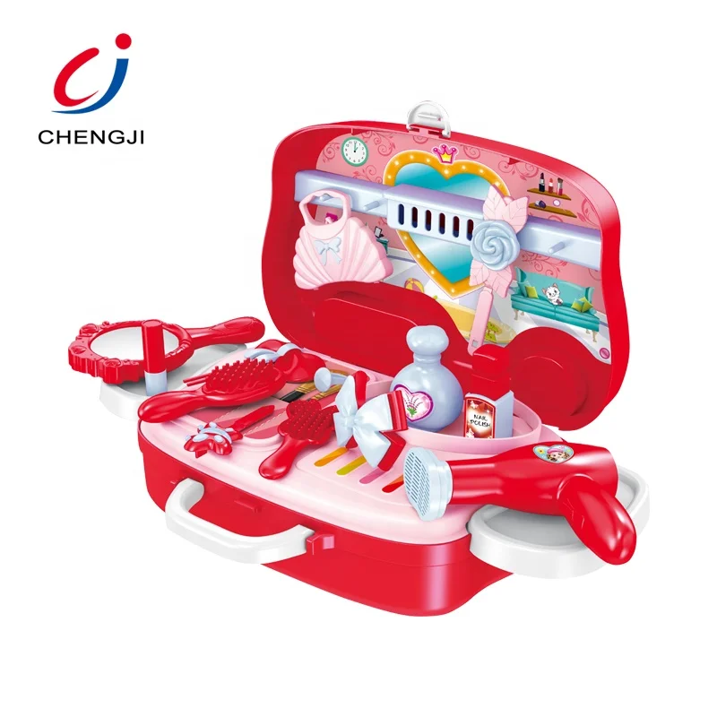 Cosmetic pretend role play portable suitcase plastic girls toy makeup set for kids