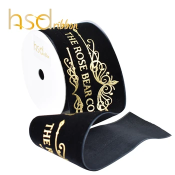 HSDRibbon Custom Printed 16MM 22MM 38MM 50MM Gold foil Logo on Black Velvet ribbon