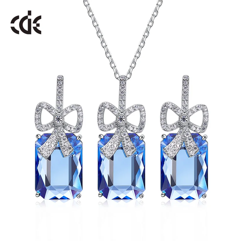 CDE S-YP1354 Fashion Jewelry 925 Sterling Silver Crystal Necklace Jewellery Set New Arrival Pink Crystal Silver Jewelry Sets