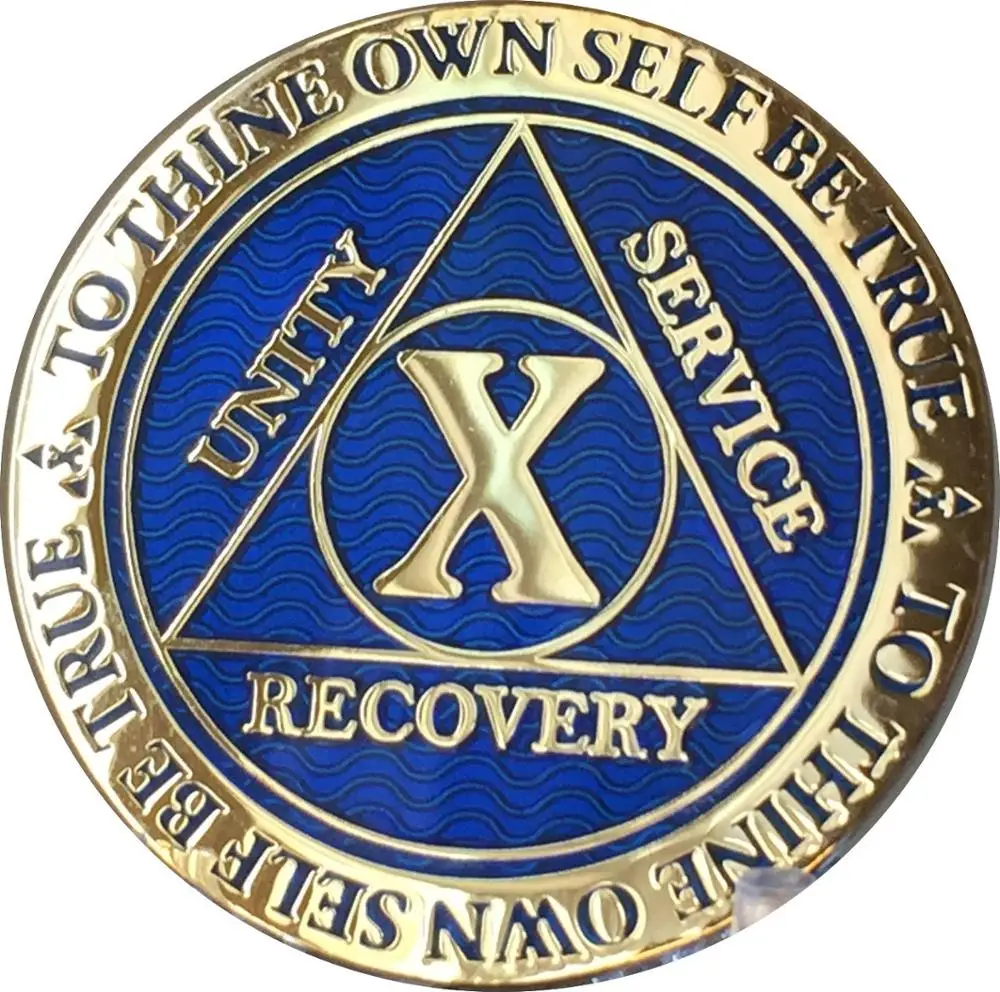 1 Year Blue Gold Plated AA Chip Alcoholics Anonymous Medallion Coin Sobriety One 